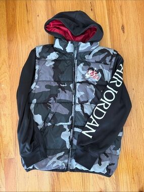 Jordan Black & Gray Camo Puffer Hoodie with Red Lined Hood